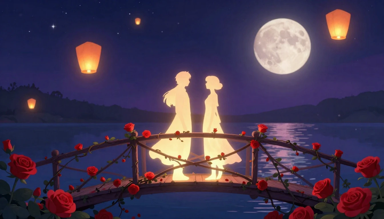 A romantic and dreamy illustration featuring two glowing sil...