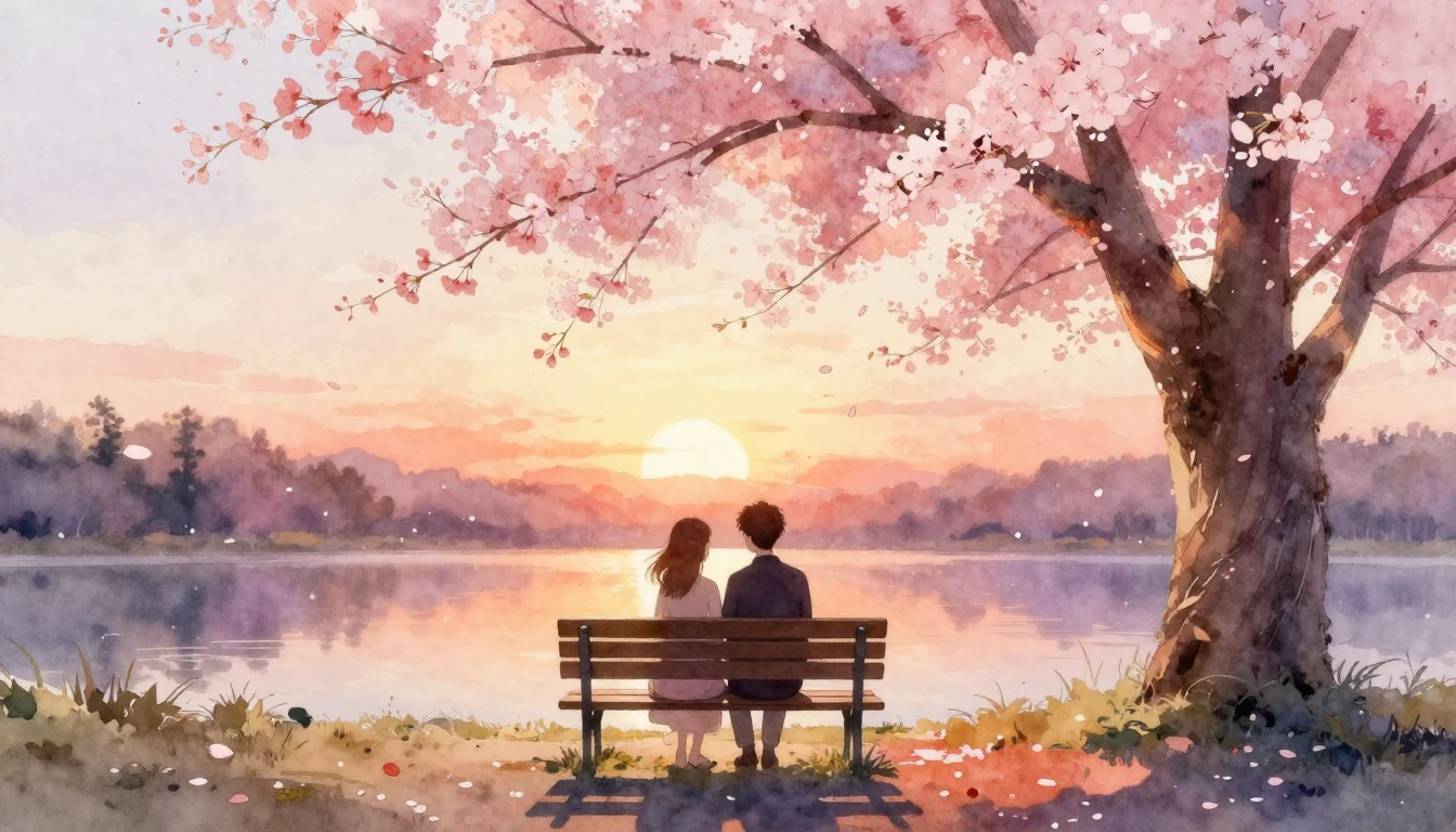 A tender and romantic scene in soft watercolor style. Two si...