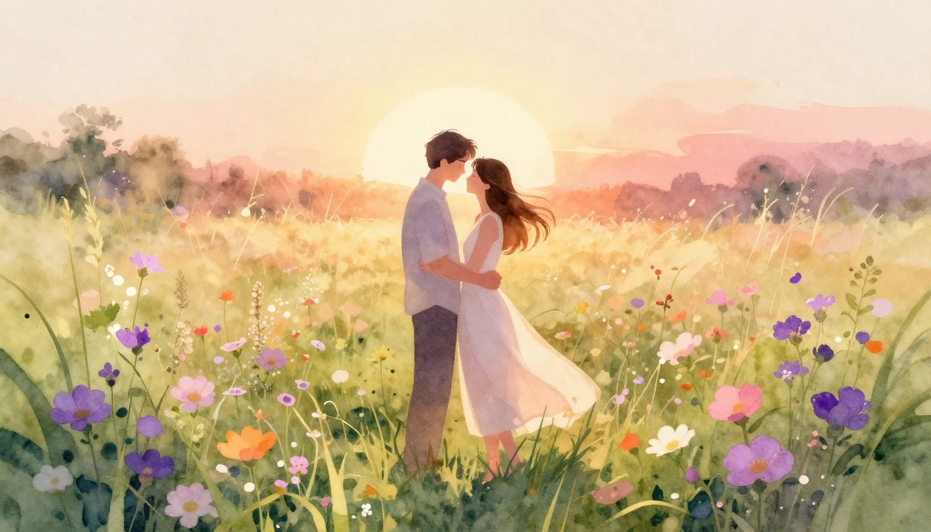 A romantic and ethereal watercolor illustration of a couple ...