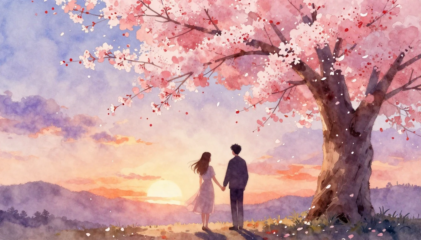 A soft and dreamy watercolor painting featuring two silhouet...