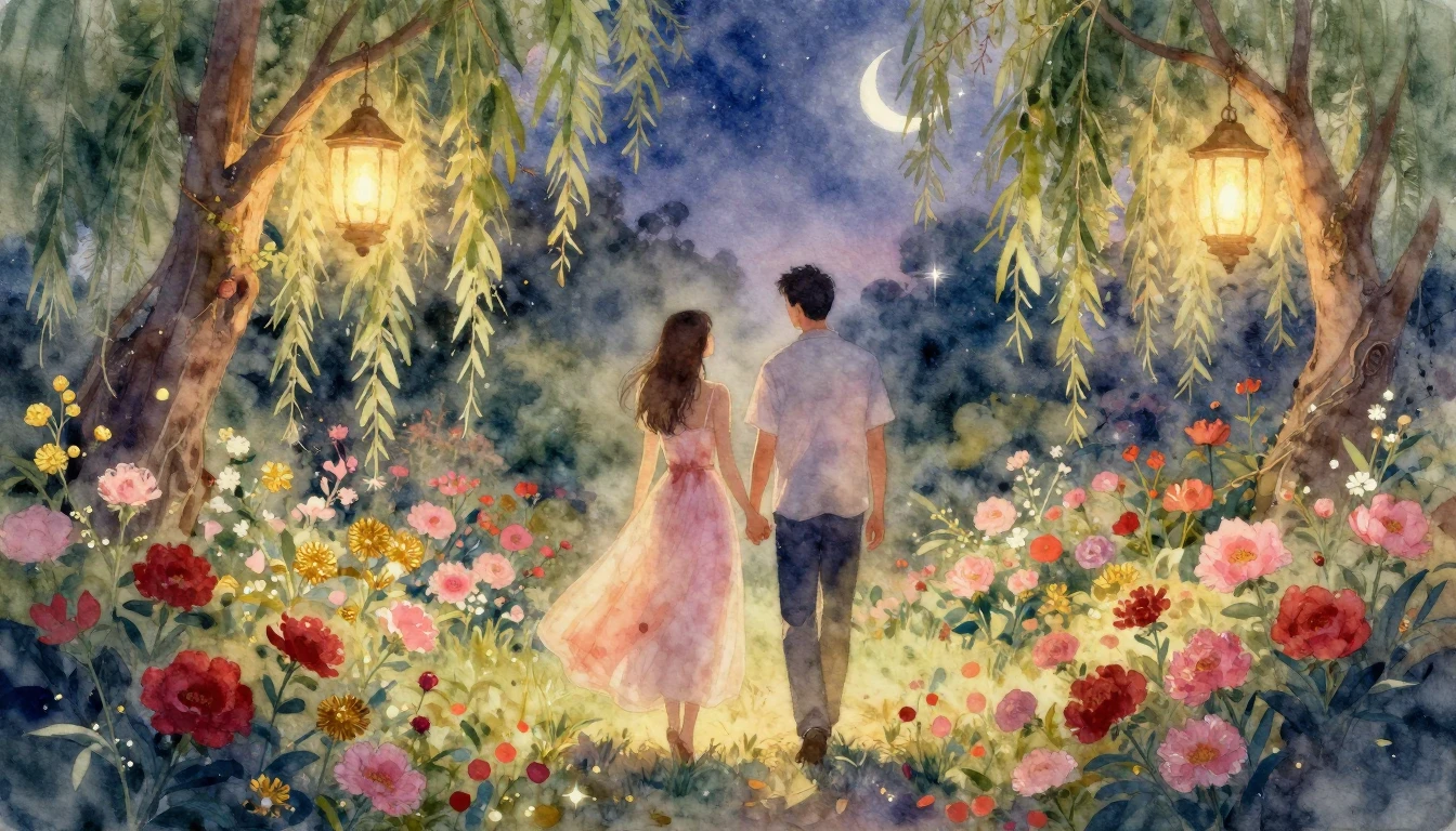 A romantic and ethereal watercolor painting of a couple hold...