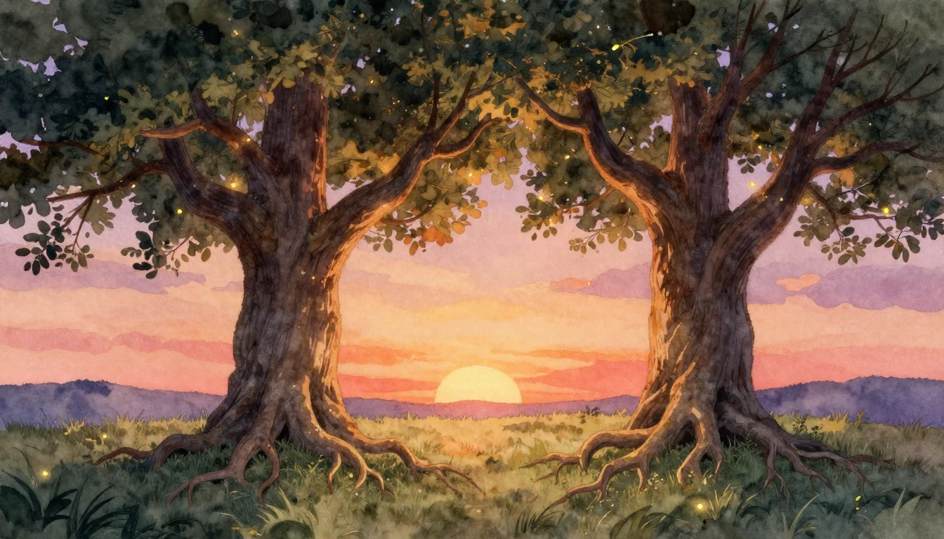 A heartwarming watercolor painting depicting two large, anci...