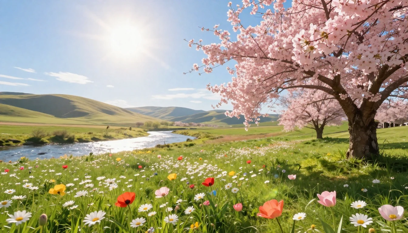 A breathtaking spring landscape bathed in warm, golden sunli...