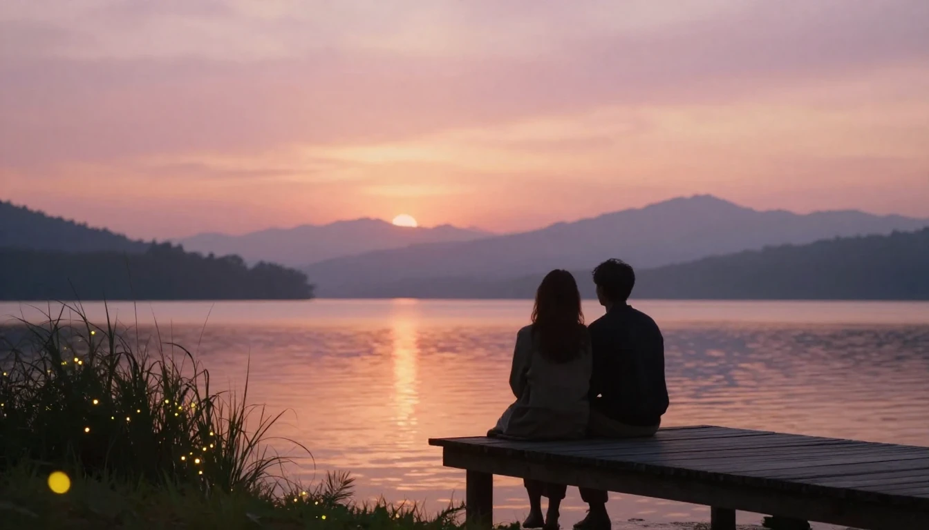 A romantic and serene scene of two silhouettes sitting close...