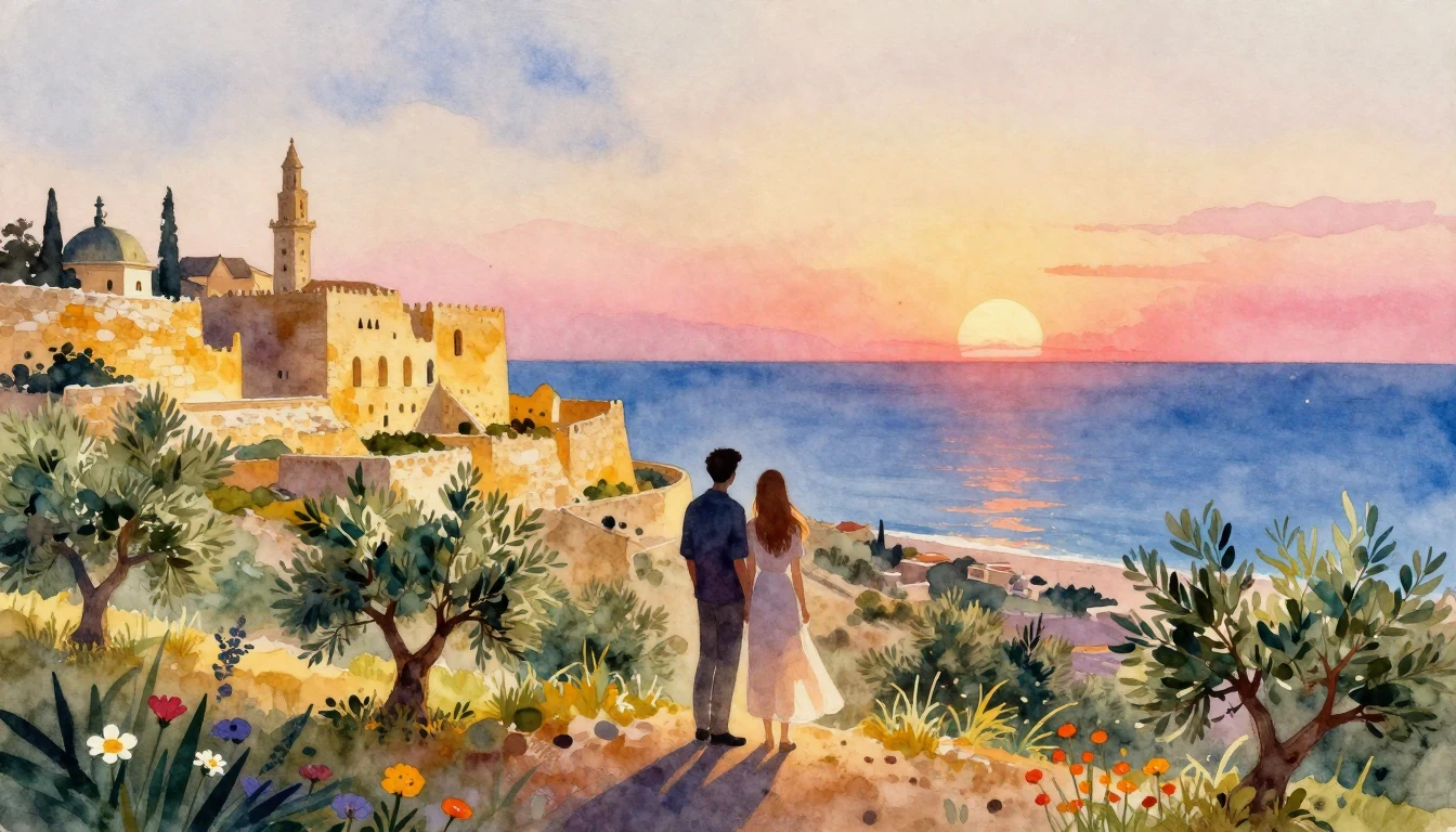 A romantic and dreamy watercolor painting depicting a silhou...