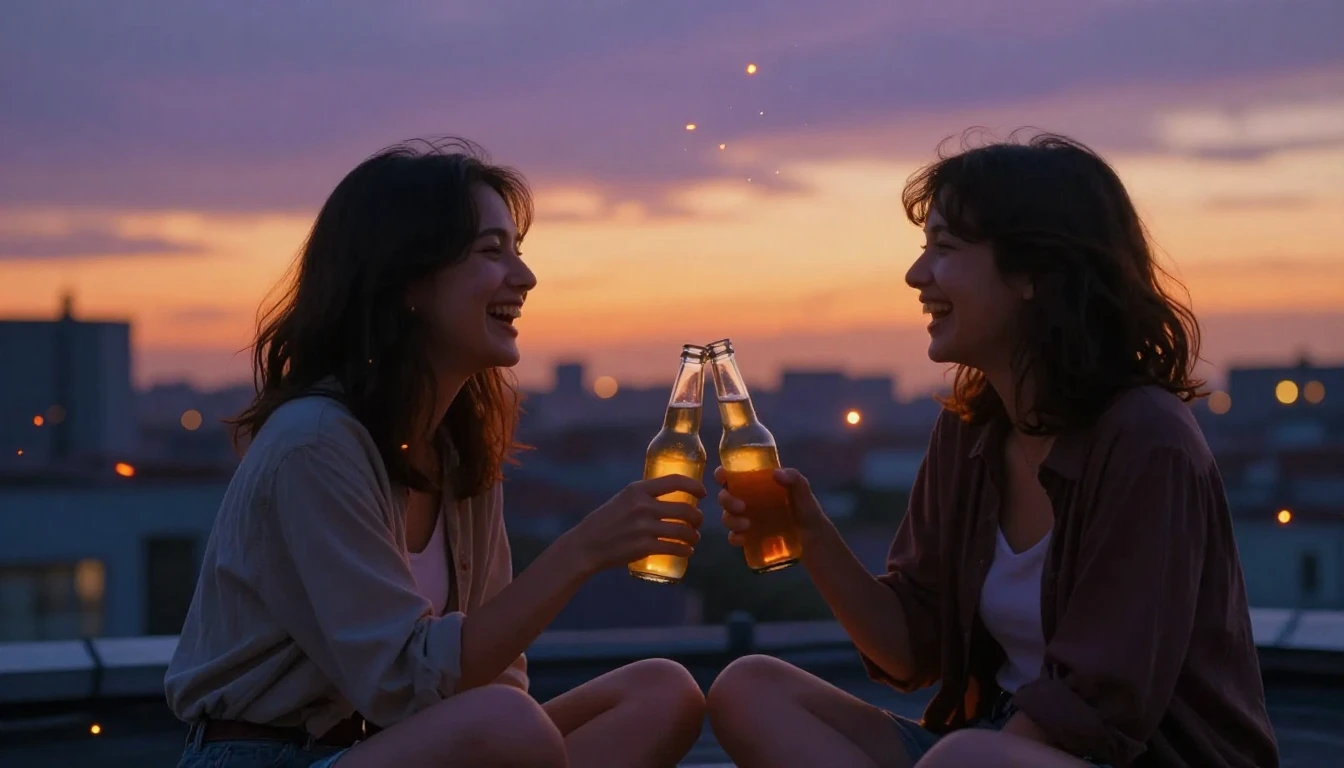 A warm and cozy scene of two best friends sitting on a rooft...