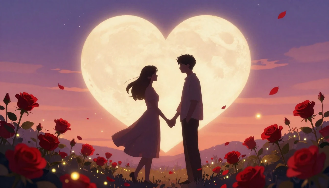 A romantic and dreamy illustration featuring two silhouetted...