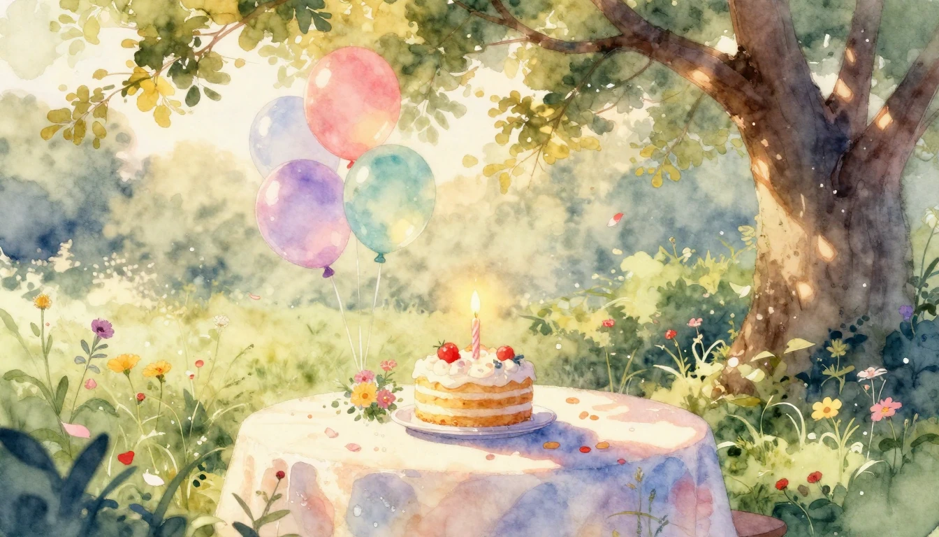 A cozy and magical birthday scene in soft watercolor style. ...