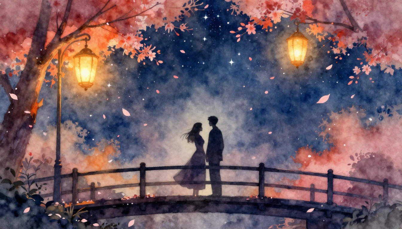 A romantic and ethereal watercolor painting depicting a coup...