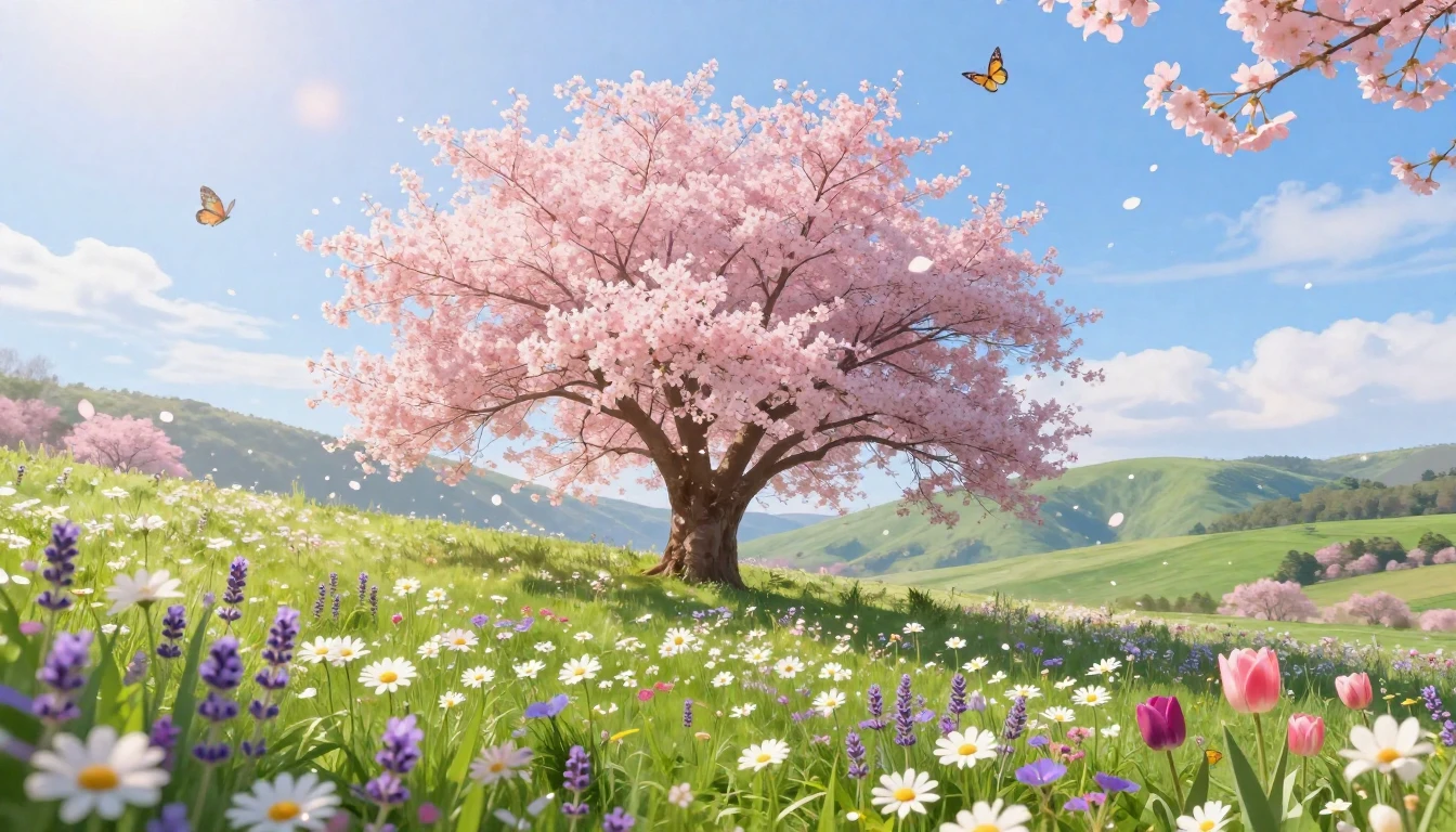 A breathtaking spring landscape featuring a lush meadow fill...