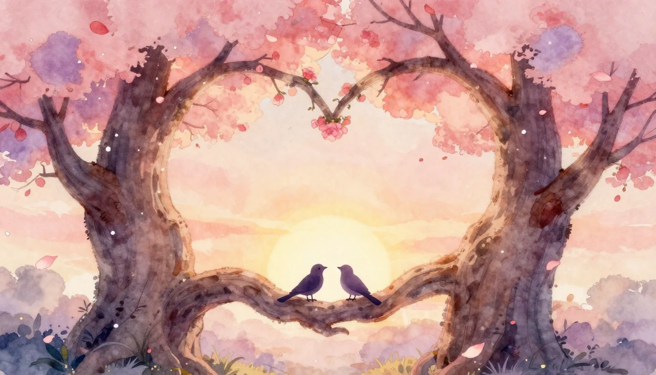 A romantic and dreamy watercolor illustration depicting two ...