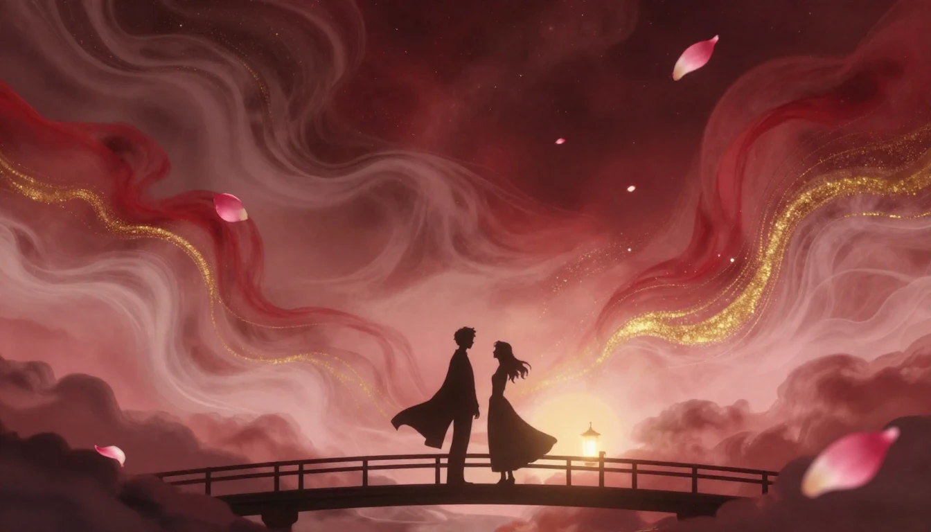 A dreamy and romantic scene featuring two abstract silhouett...