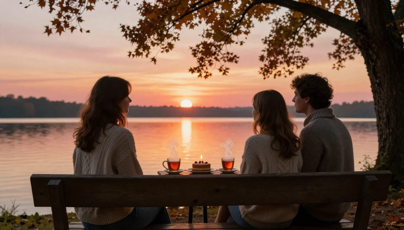 A warm and inviting scene of two friends sitting on a rustic...