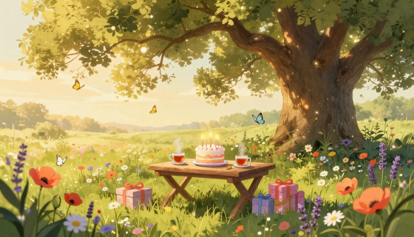 A dreamy and warm illustration of a sun-drenched meadow fill...