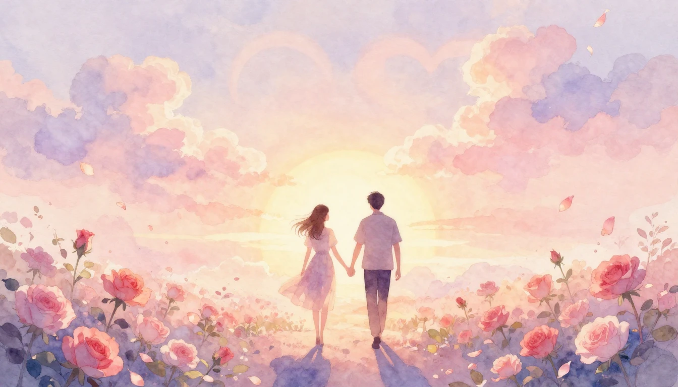 A soft and ethereal watercolor painting depicting two silhou...