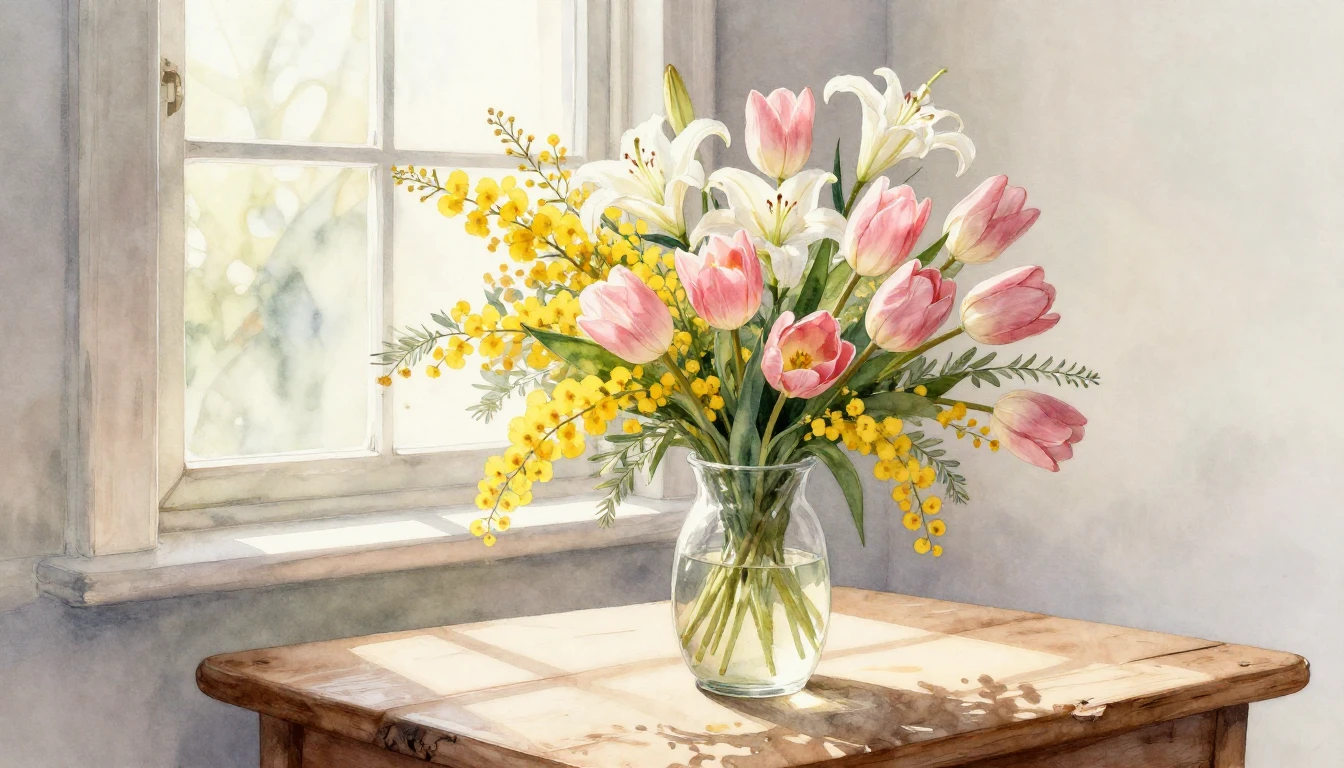 A beautiful watercolor painting of a lush bouquet of spring ...