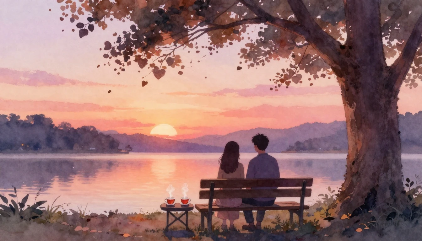 A soft, romantic watercolor painting depicting two silhouett...