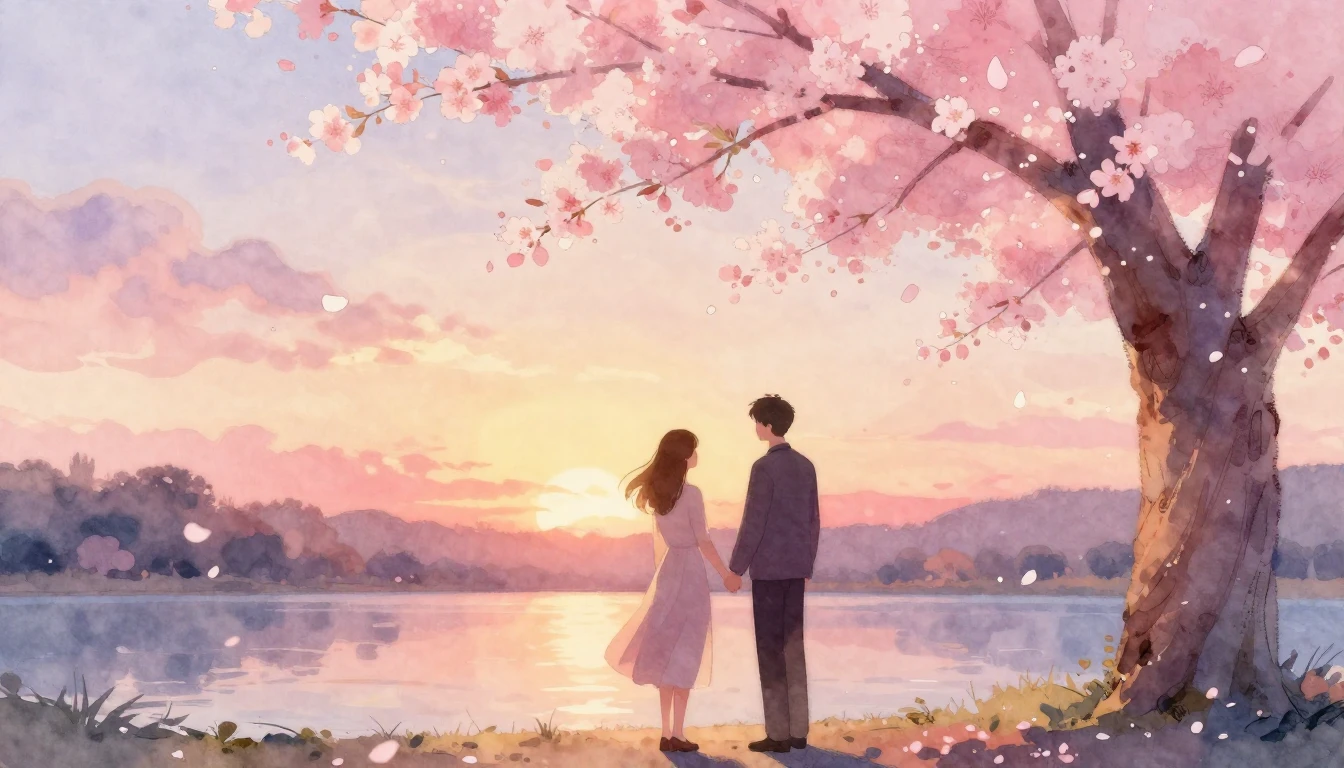 A romantic and ethereal watercolor illustration of two silho...