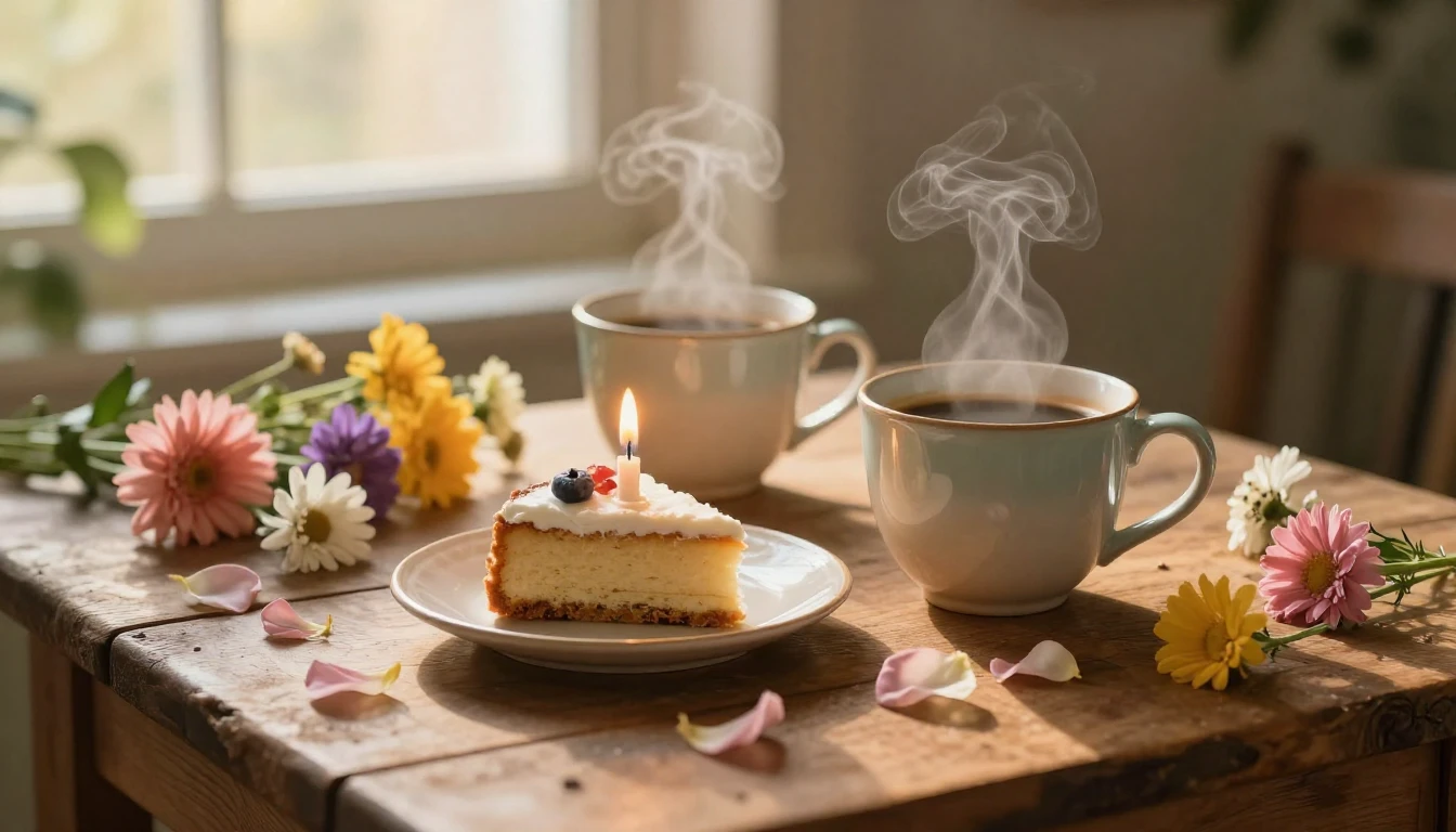 A cozy and warm celebratory still life. Two elegant ceramic ...