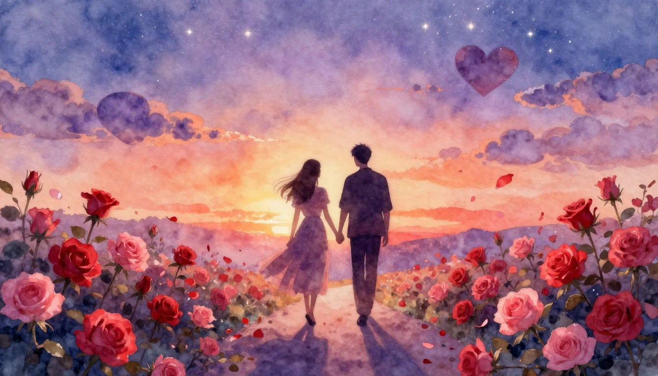 A soft and dreamy watercolor painting depicting two silhouet...