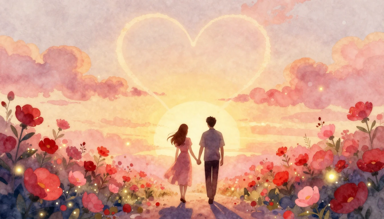A soft and dreamy watercolor painting depicting a romantic s...