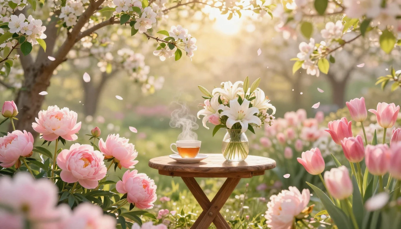 A serene and breathtaking spring garden filled with lush pin...