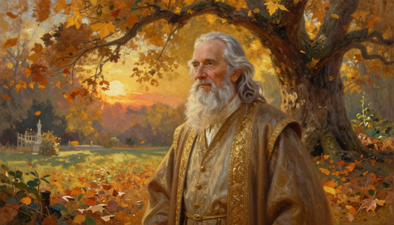 A majestic oil painting of an elderly wise man with silver h...