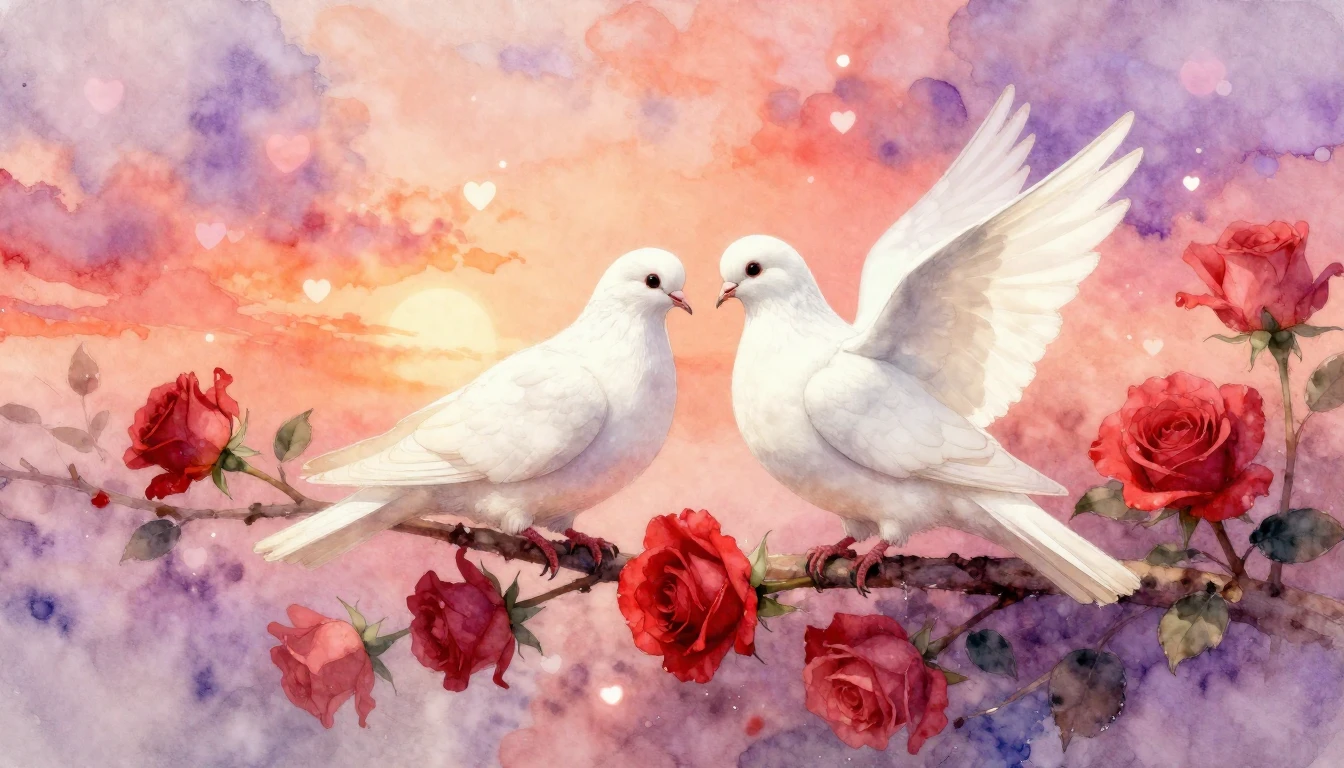 A soft and dreamy watercolor painting depicting two white do...