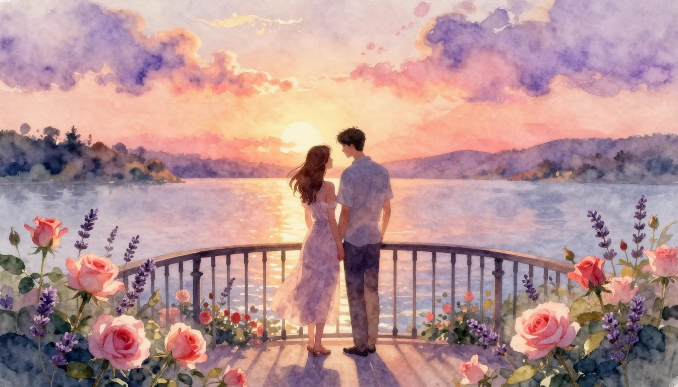 A romantic and dreamlike scene of a couple standing on a flo...