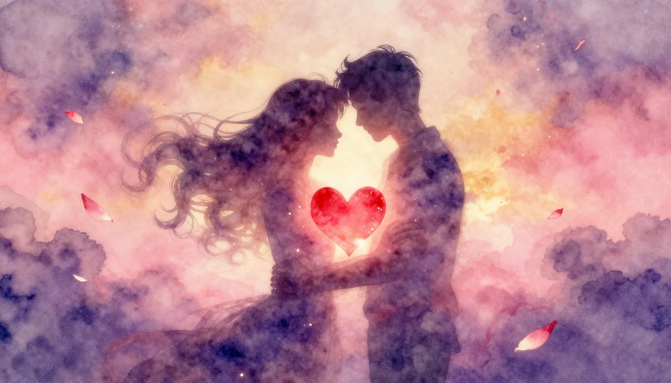A romantic and dreamy watercolor painting depicting two abst...