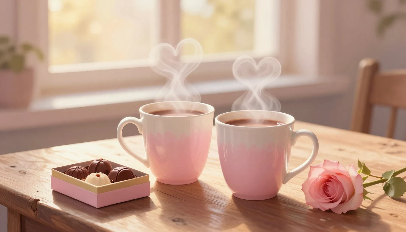 A dreamy and romantic scene featuring two steaming mugs of c...