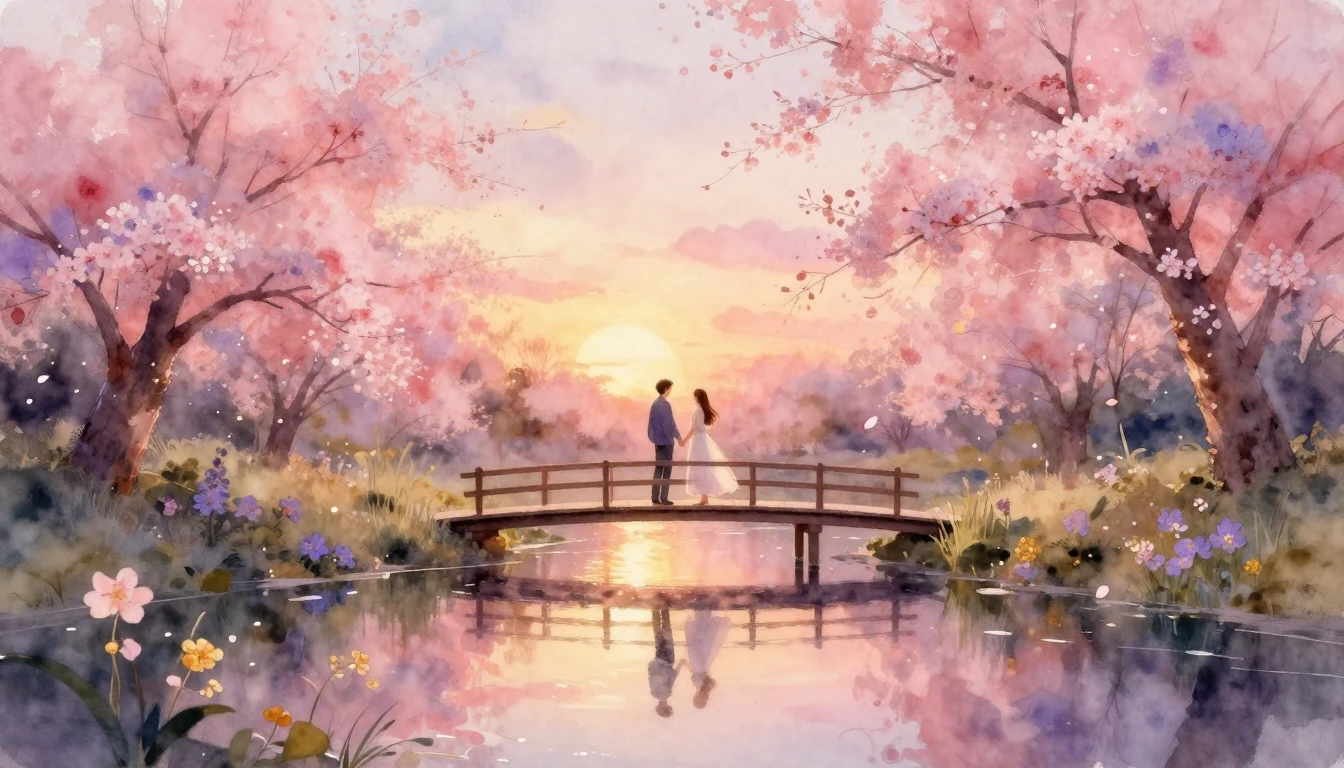 A dreamy and romantic watercolor painting depicting a couple...