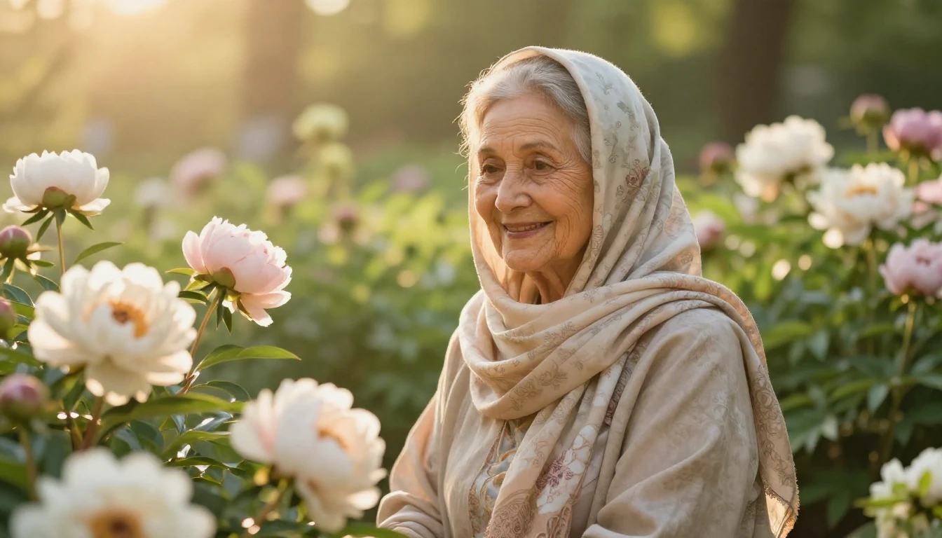 A serene and elegant elderly woman with a gentle, kind smile...