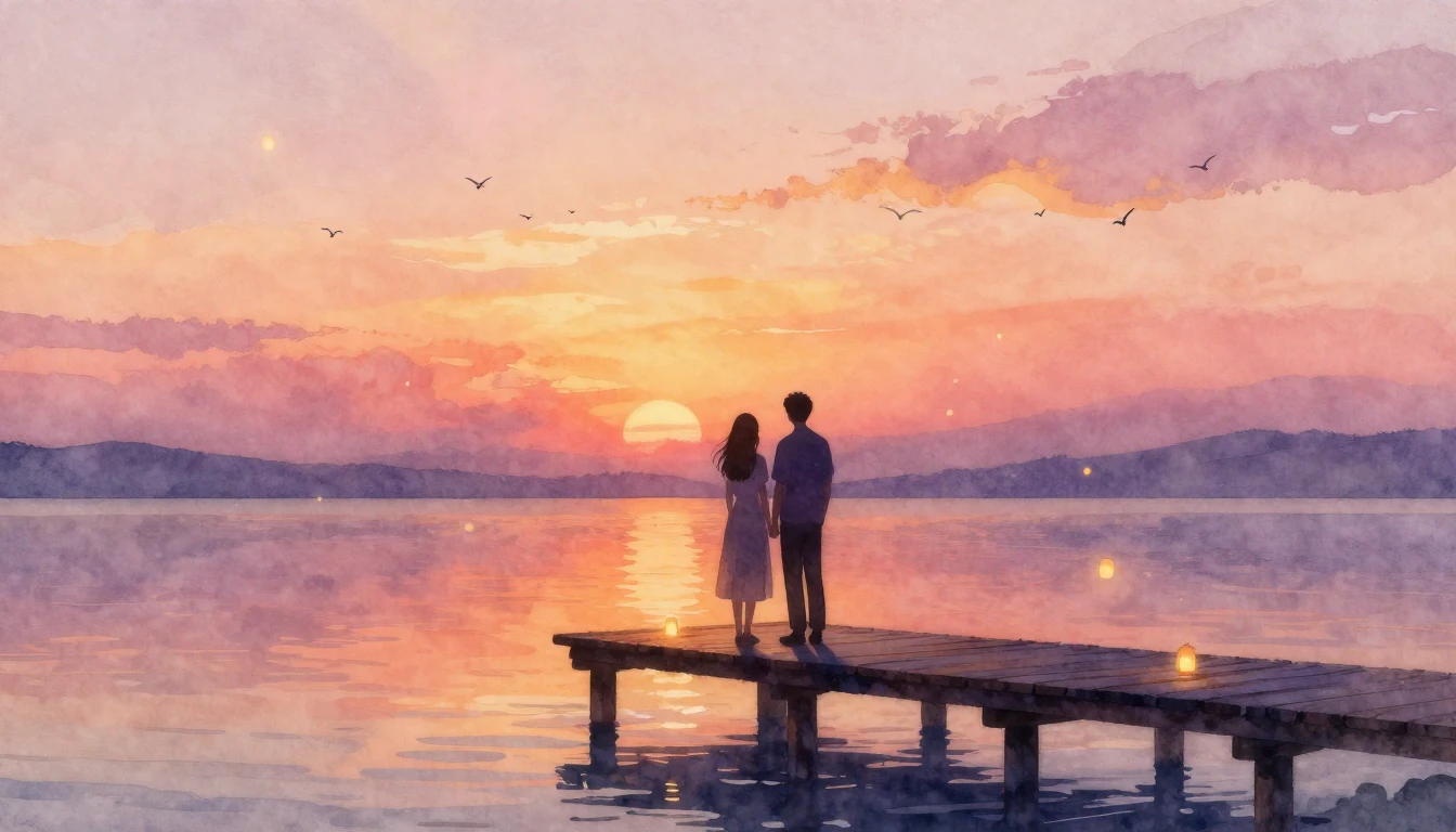 A delicate and ethereal watercolor painting of two silhouett...