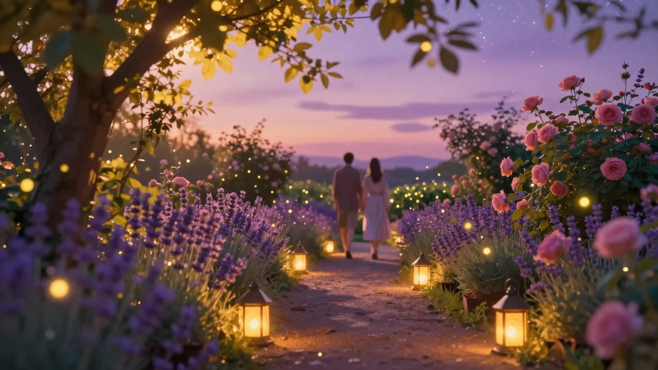A warm and dreamy romantic scene in a blooming twilight gard...