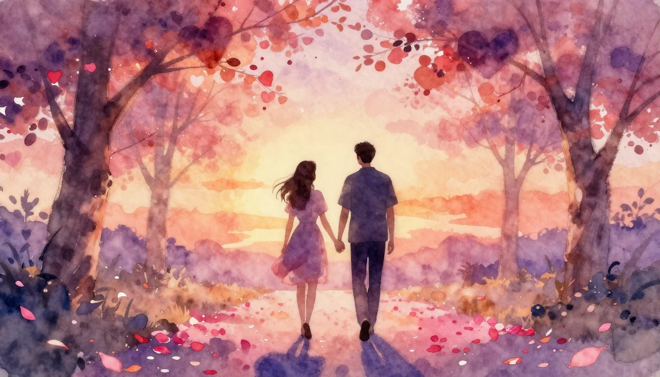 A soft and dreamy watercolor painting depicting two silhouet...