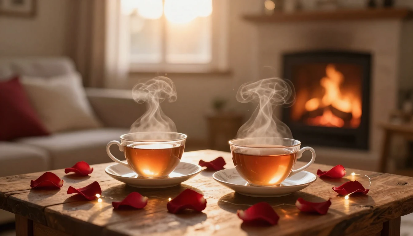 A cozy and romantic indoor scene during a golden sunset. Two...