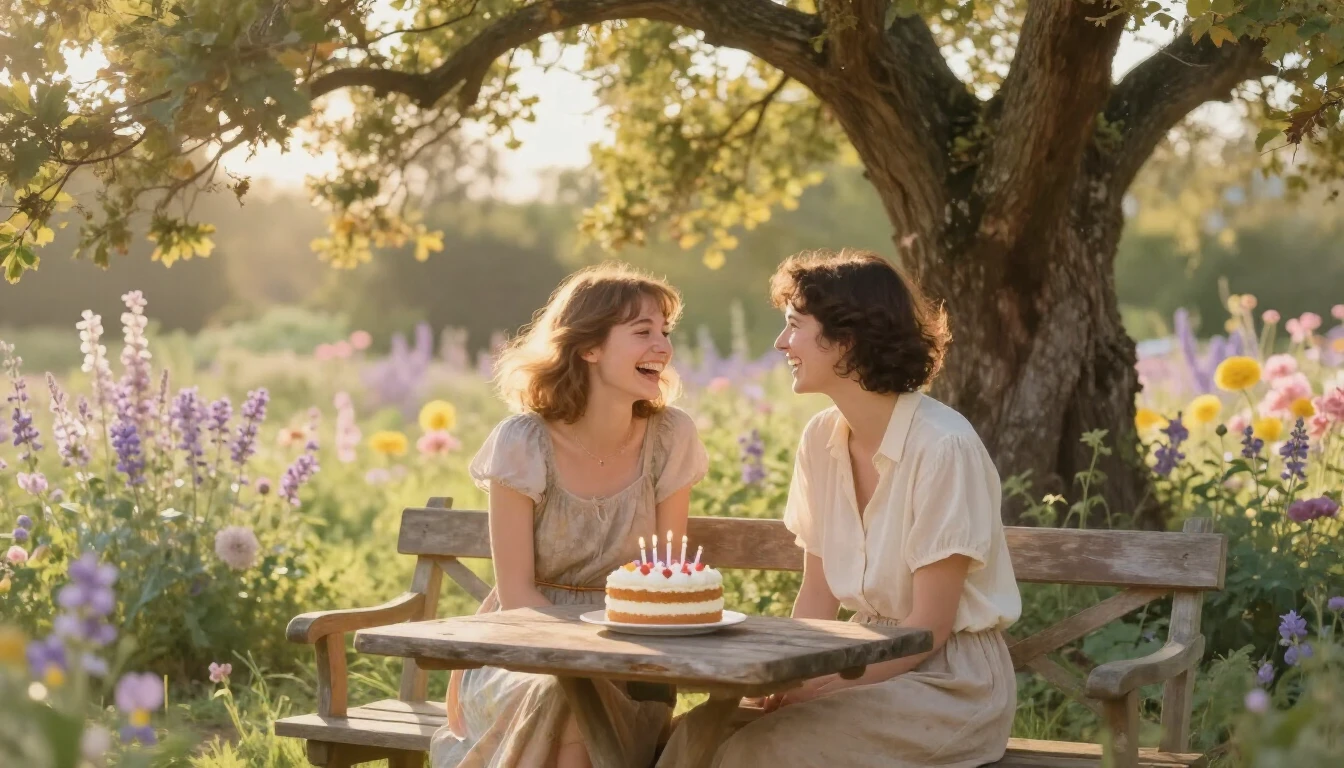 A beautiful and warm scene depicting two close friends sitti...