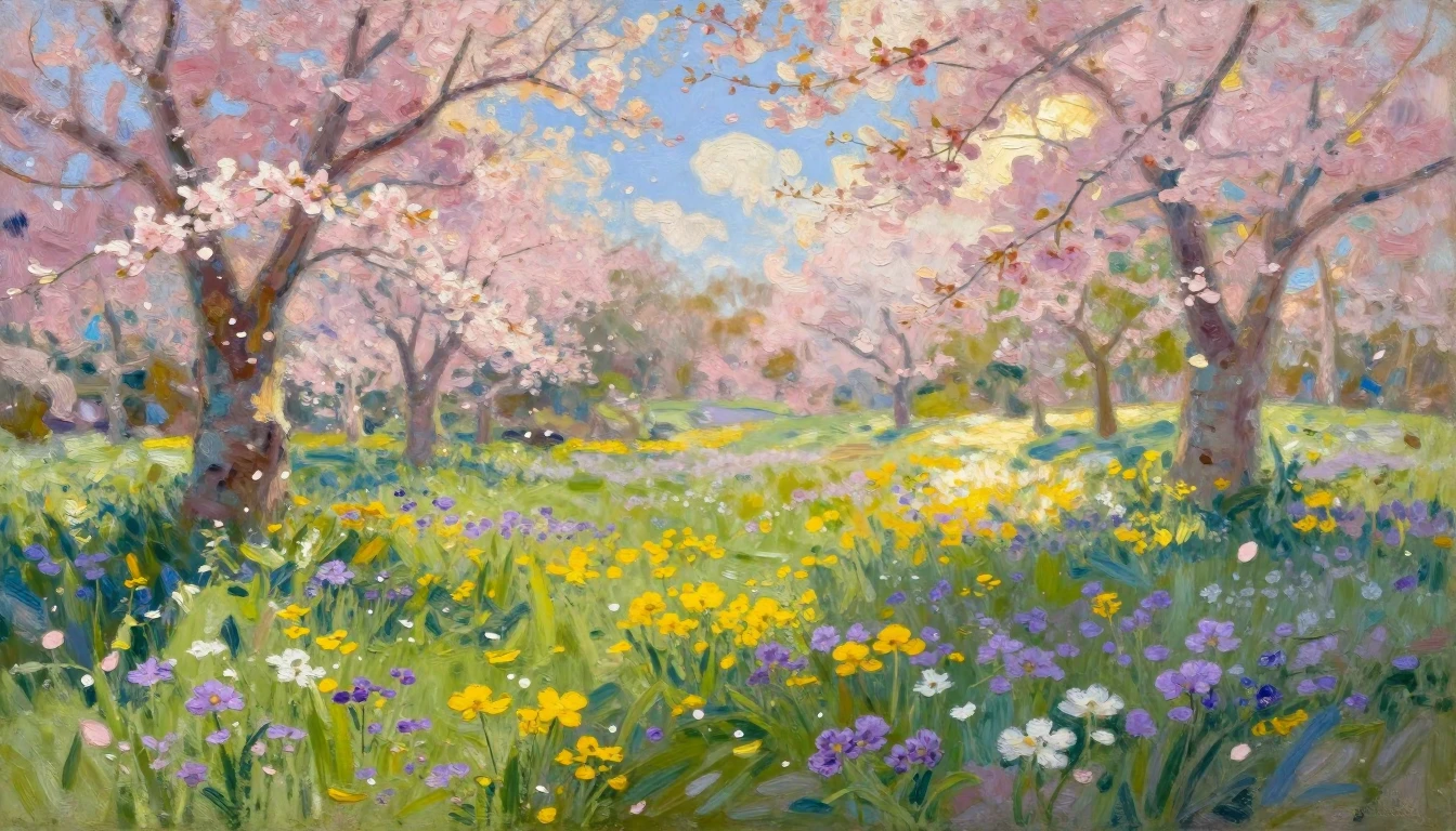 An impressionist landscape painting depicting a vibrant mead...