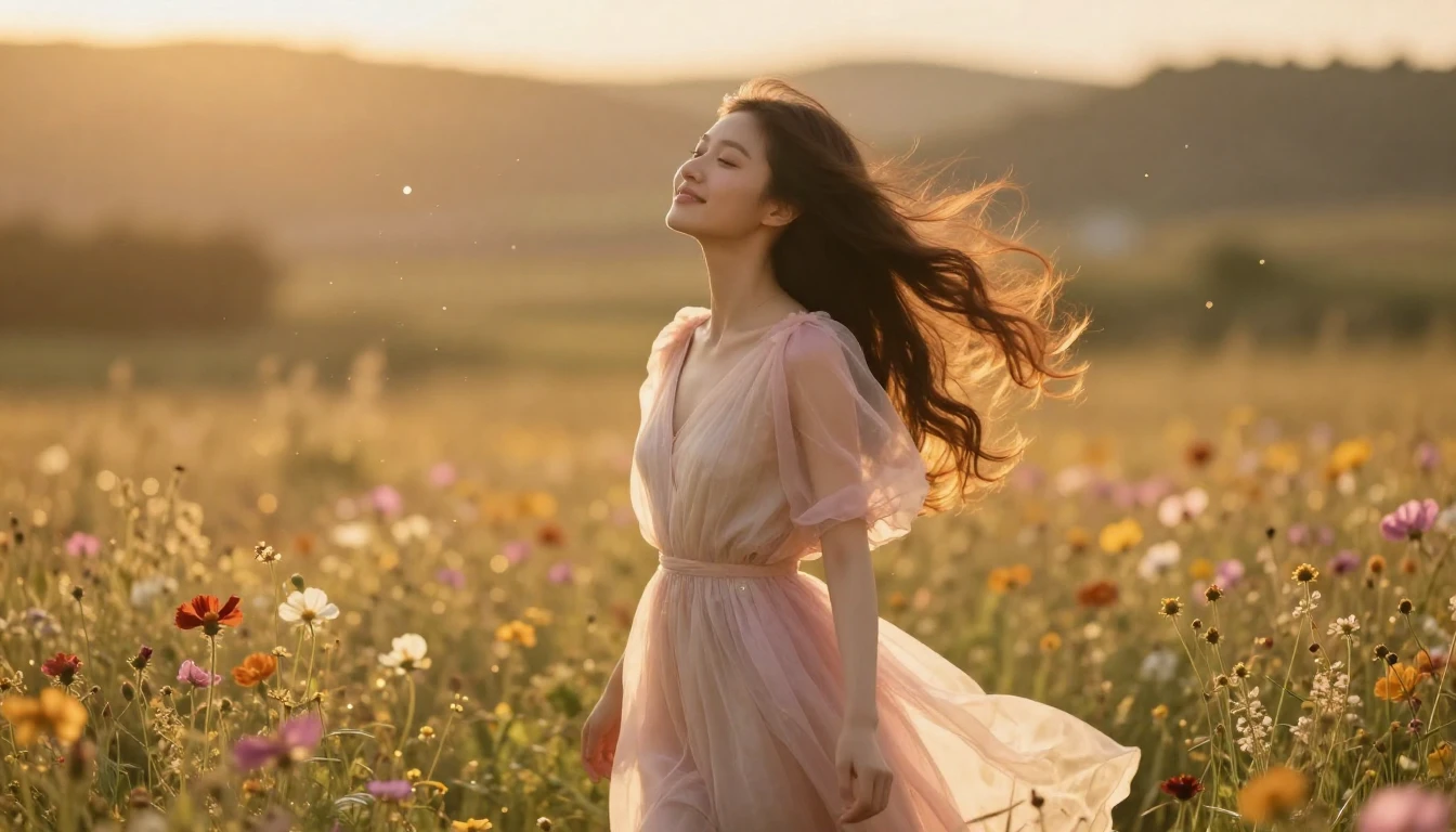 A beautiful young woman with flowing hair standing in a mead...