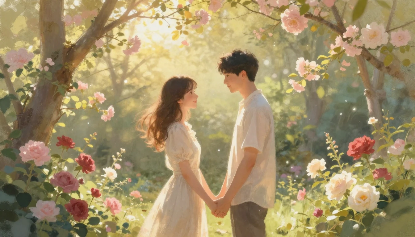 A romantic and tender scene of a couple standing in a lush, ...