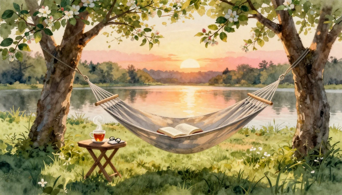 A peaceful and serene watercolor painting depicting a cozy g...