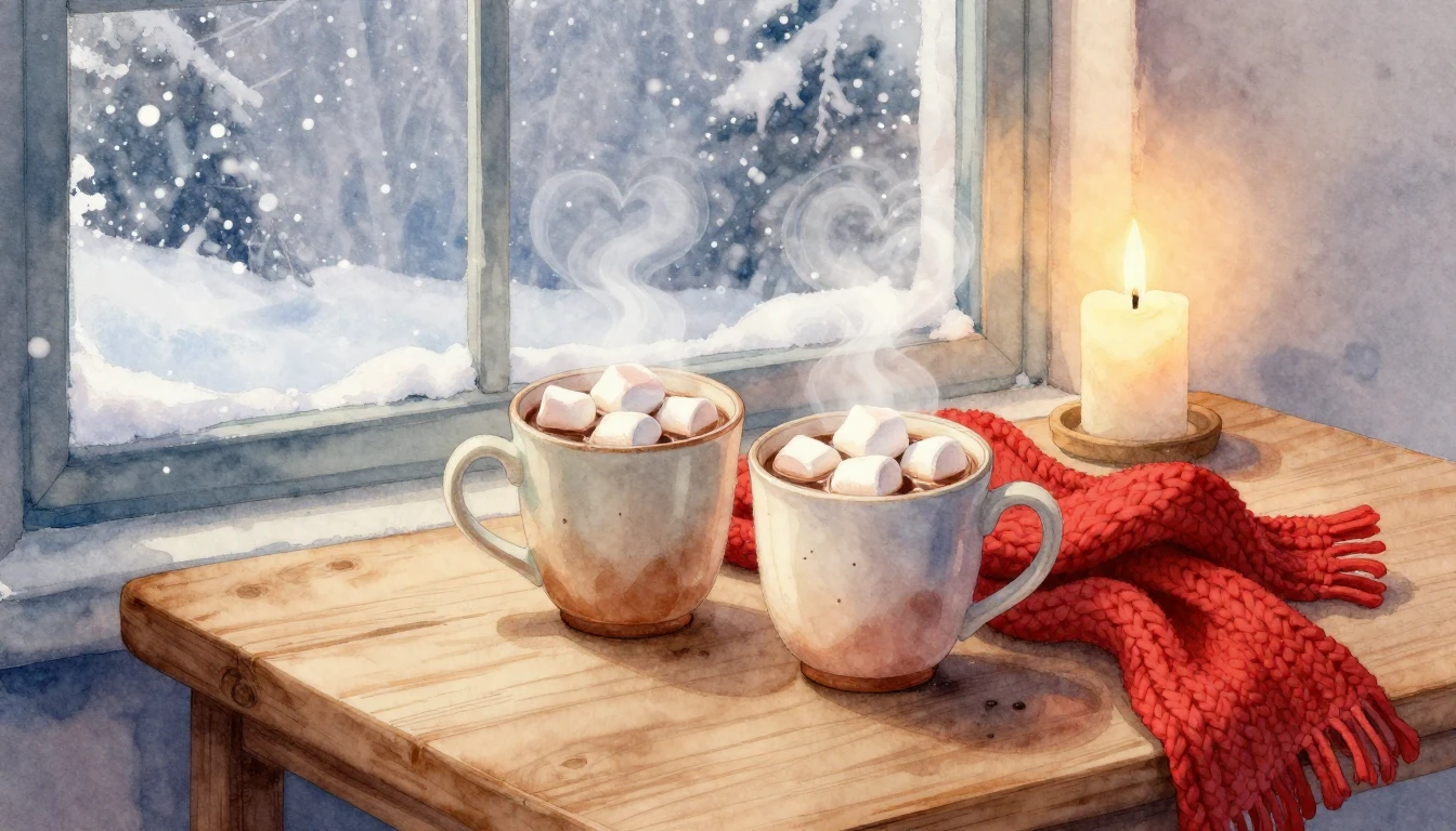 A romantic watercolor illustration featuring a cozy wooden t...