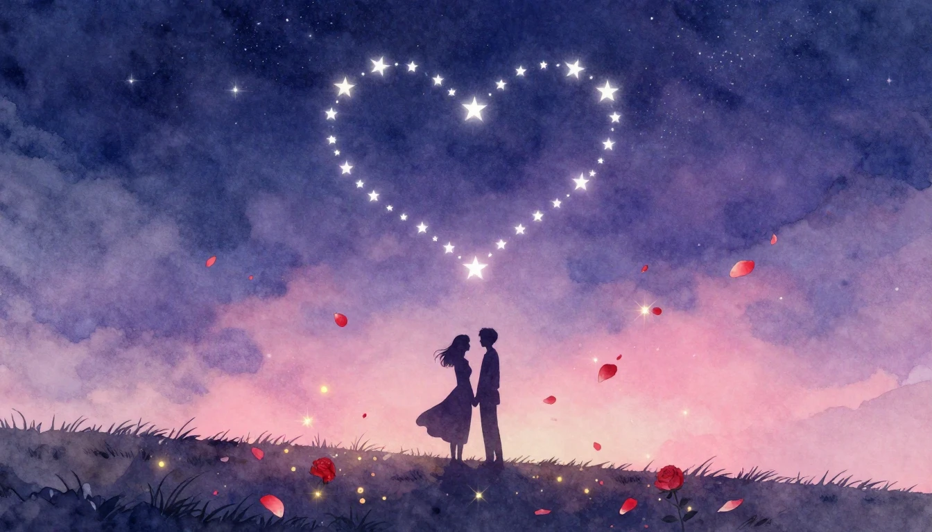 A romantic and dreamy illustration depicting two silhouette ...