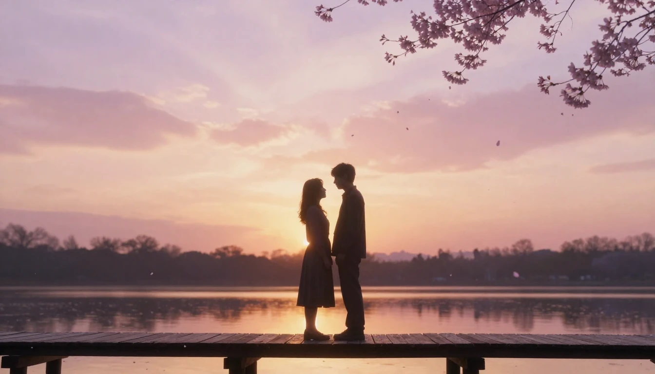 A dreamy and ethereal scene of two silhouetted lovers standi...