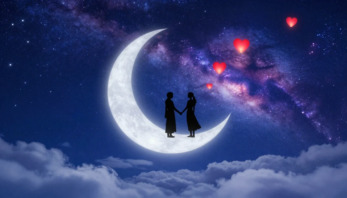 A romantic and dreamy scene featuring two silhouette figures...