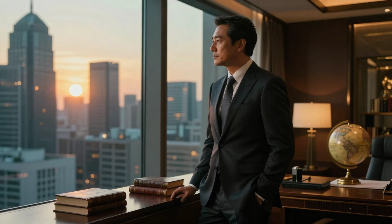 A cinematic portrait of a sophisticated man in his 40s stand...