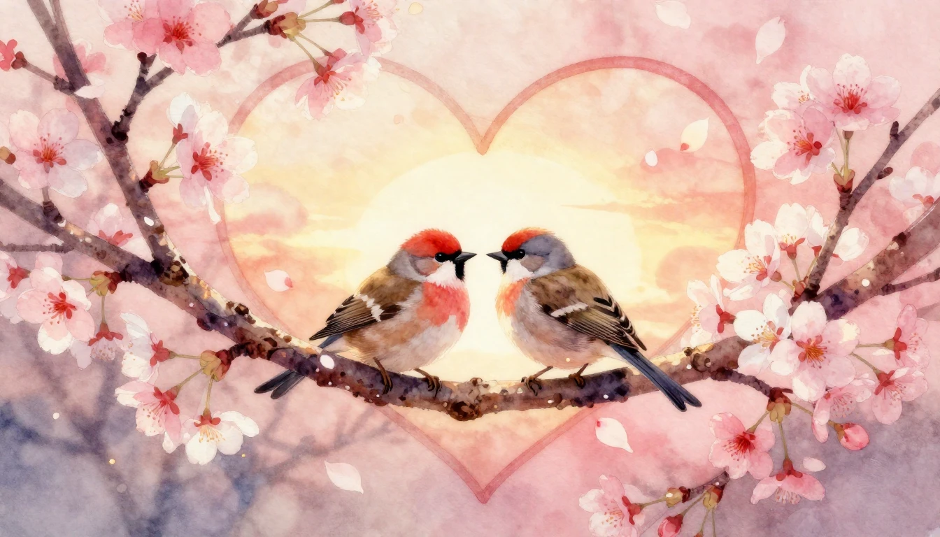 A soft and dreamy watercolor painting featuring two small so...