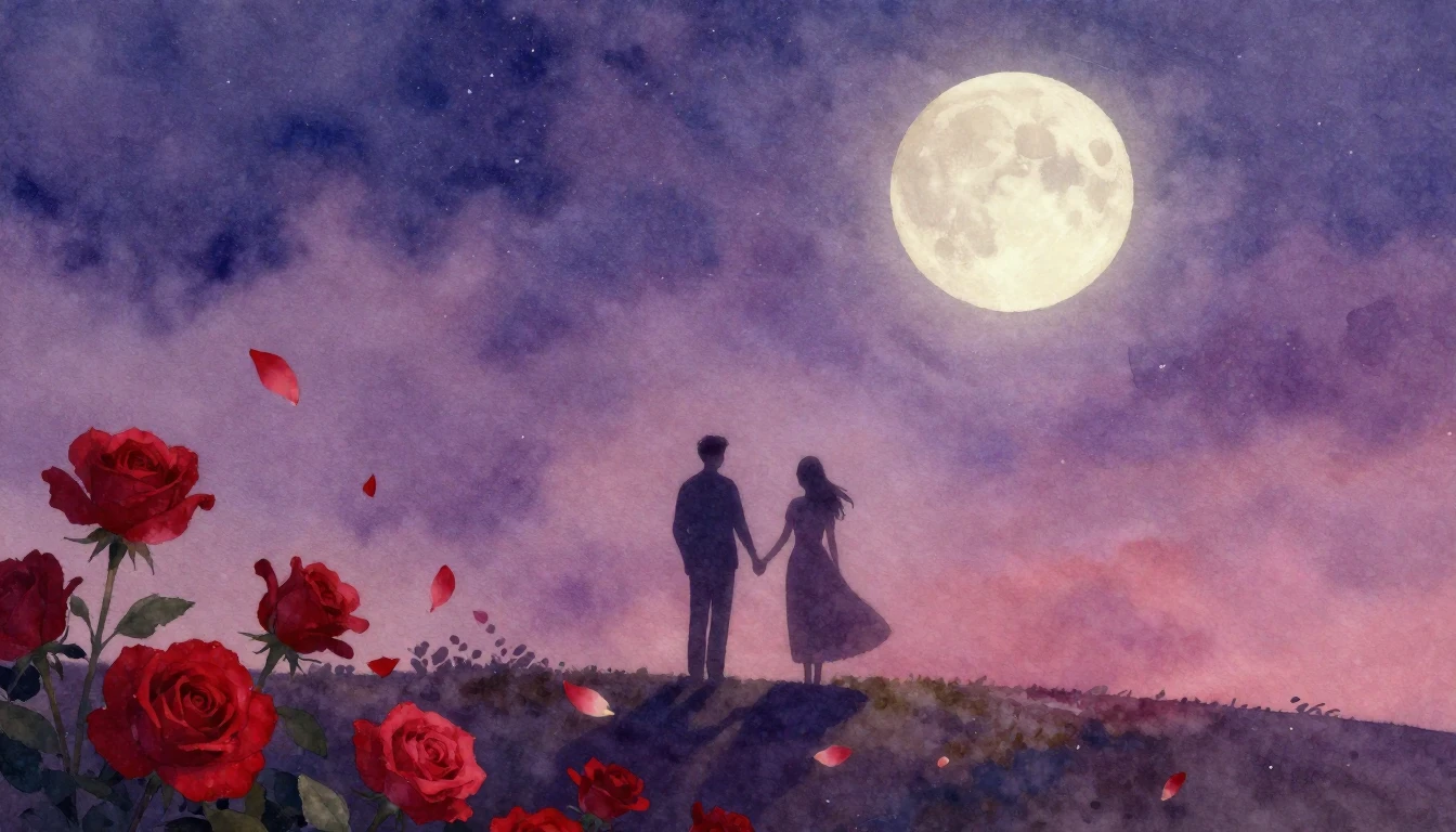A romantic and dreamy watercolor painting depicting the silh...