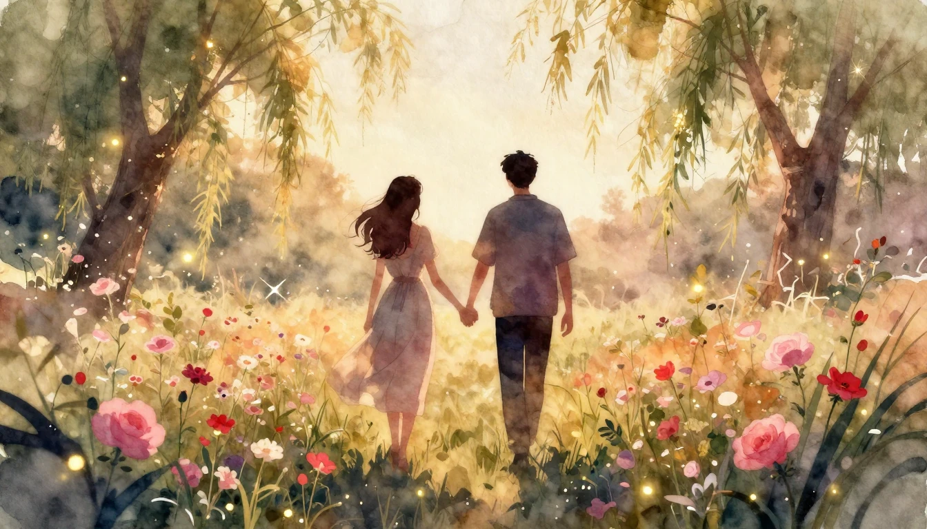 A romantic and ethereal scene of two silhouetted figures wal...